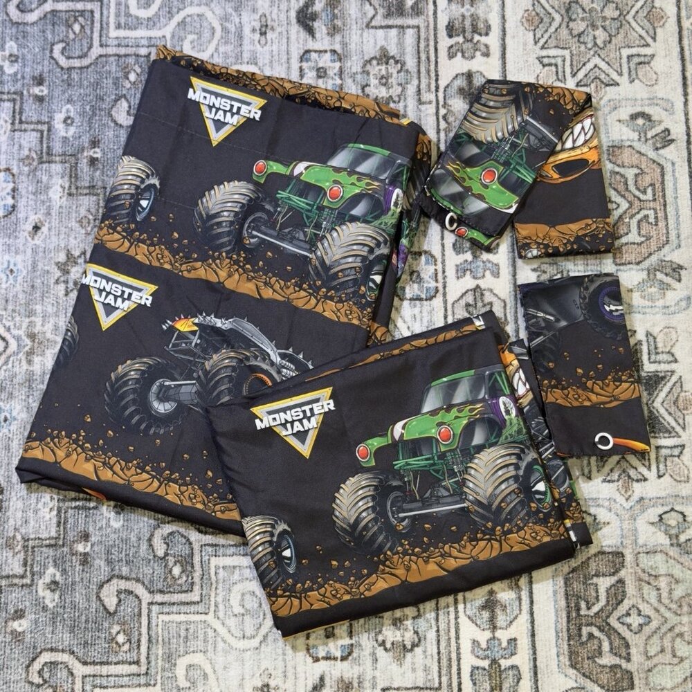Monster Jam Blackout Curtains Valance Tiebacks Truck Print 2020 Licensed Set - Picture 2 of 3